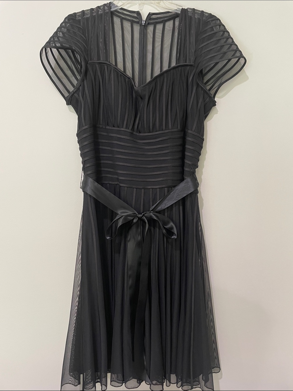 JS Collections Black Sheer-Striped Dress with Satin Ribbon Size 16